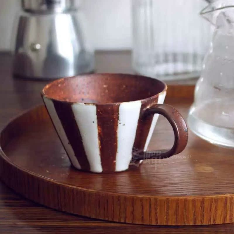 浅蝉 个性简约条纹手工陶瓷马克杯 日式粗陶咖啡杯 水杯 随手杯