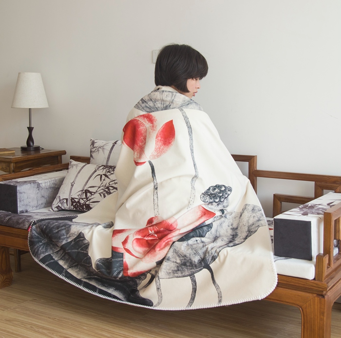 新中式 简约红荷花中国风毛毯 沙发盖毯 羊羔绒毯子空调毯