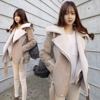 2016秋冬装新款韩版修身大翻领中长款羊羔毛外套女加厚麂皮绒大衣