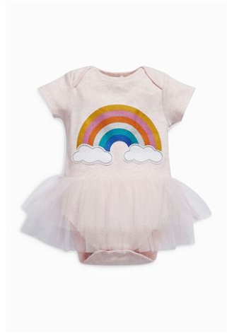 代购英国next童装新款女宝宝粉色短袖彩虹图案蕾丝裙摆包屁衣