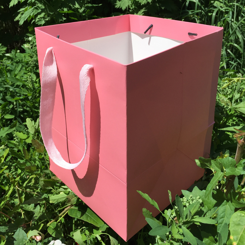 玫瑰粉色手提袋方体袋 盆景礼品袋包装袋商务袋 宽底手提袋方形袋