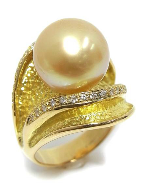 二手真品日本工艺珠宝18K黄金直径12.5mm珍珠钻石戒指15号14.2g