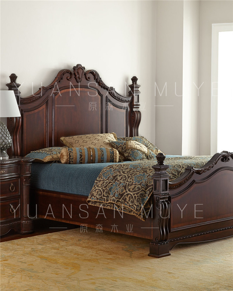 欧式新古典雕花床 美式复古实木软包床 法式奢华公主床双人床
