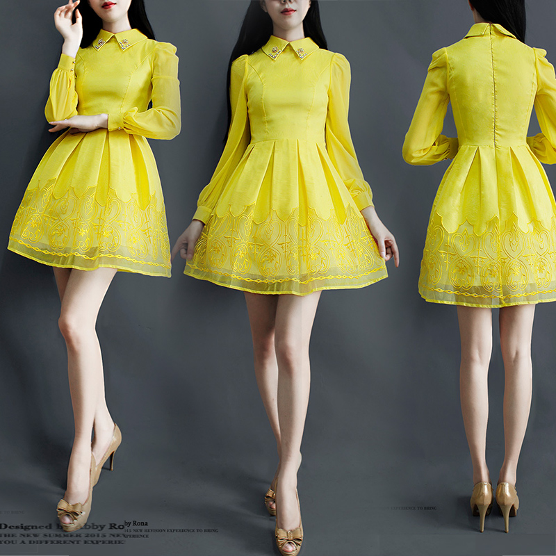 AR2016欧洲站秋季娃娃领欧根纱长袖连衣裙黄色名媛淑女显瘦蓬蓬裙