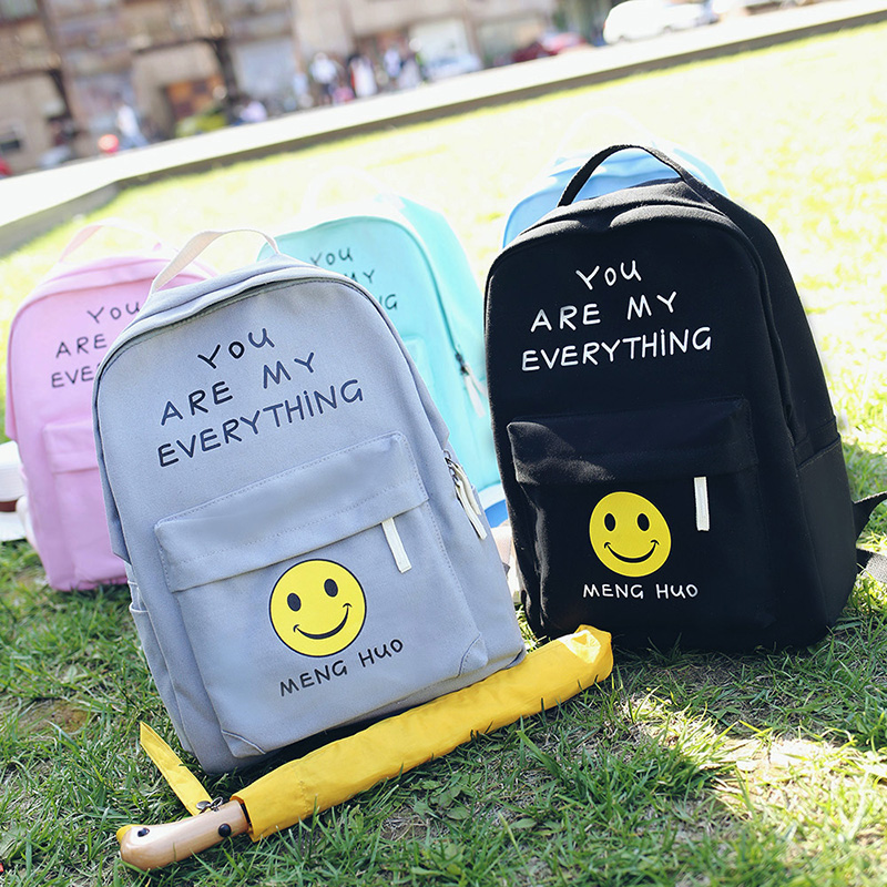 韩版小清新印花笑脸字母帆布双肩包学生书包学院风大容量旅行背包