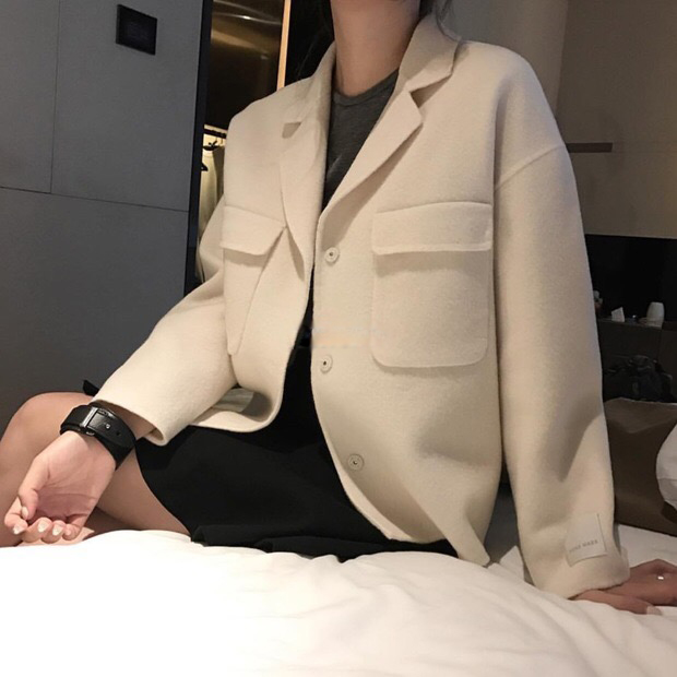 2017韩国呢子手工双面羊绒口袋修身大衣女白色西装领短外套冬新品