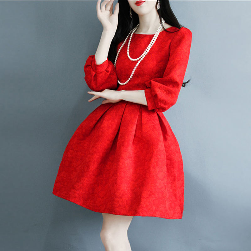 2016秋装修身圆领灯笼袖红色连衣裙中长款高腰显瘦小礼服大摆裙女